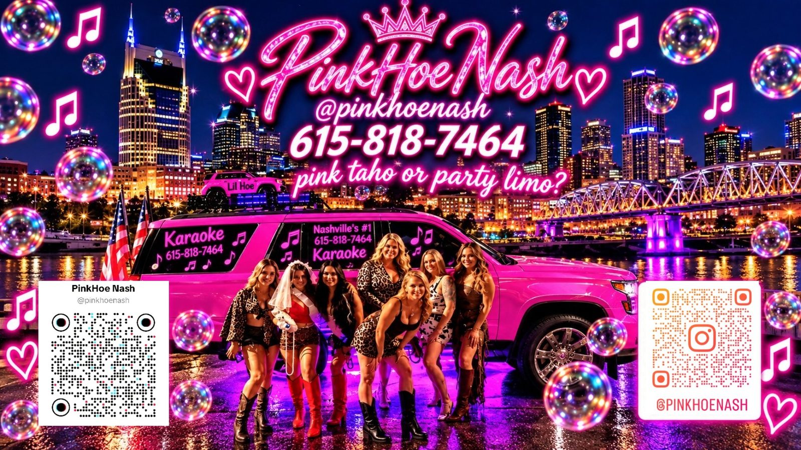 Bachelorette group posing with the pink Tahoe karaoke SUV at the Nashville riverfront at night, Lil Hoe mini pink Tahoe visible on the roof
