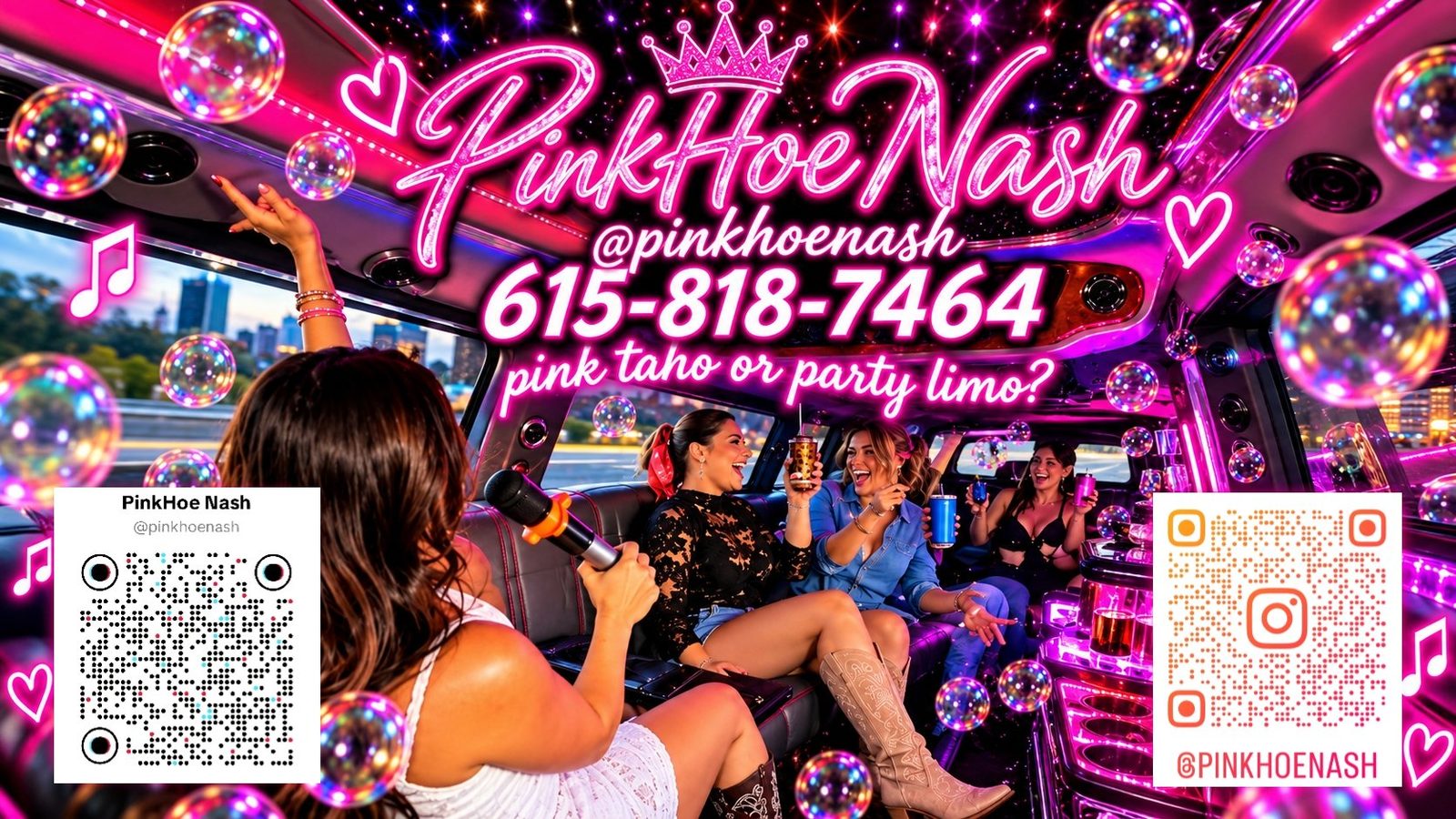 Riders singing karaoke with microphones inside the Nashville karaoke limo under pink party lights and bubbles