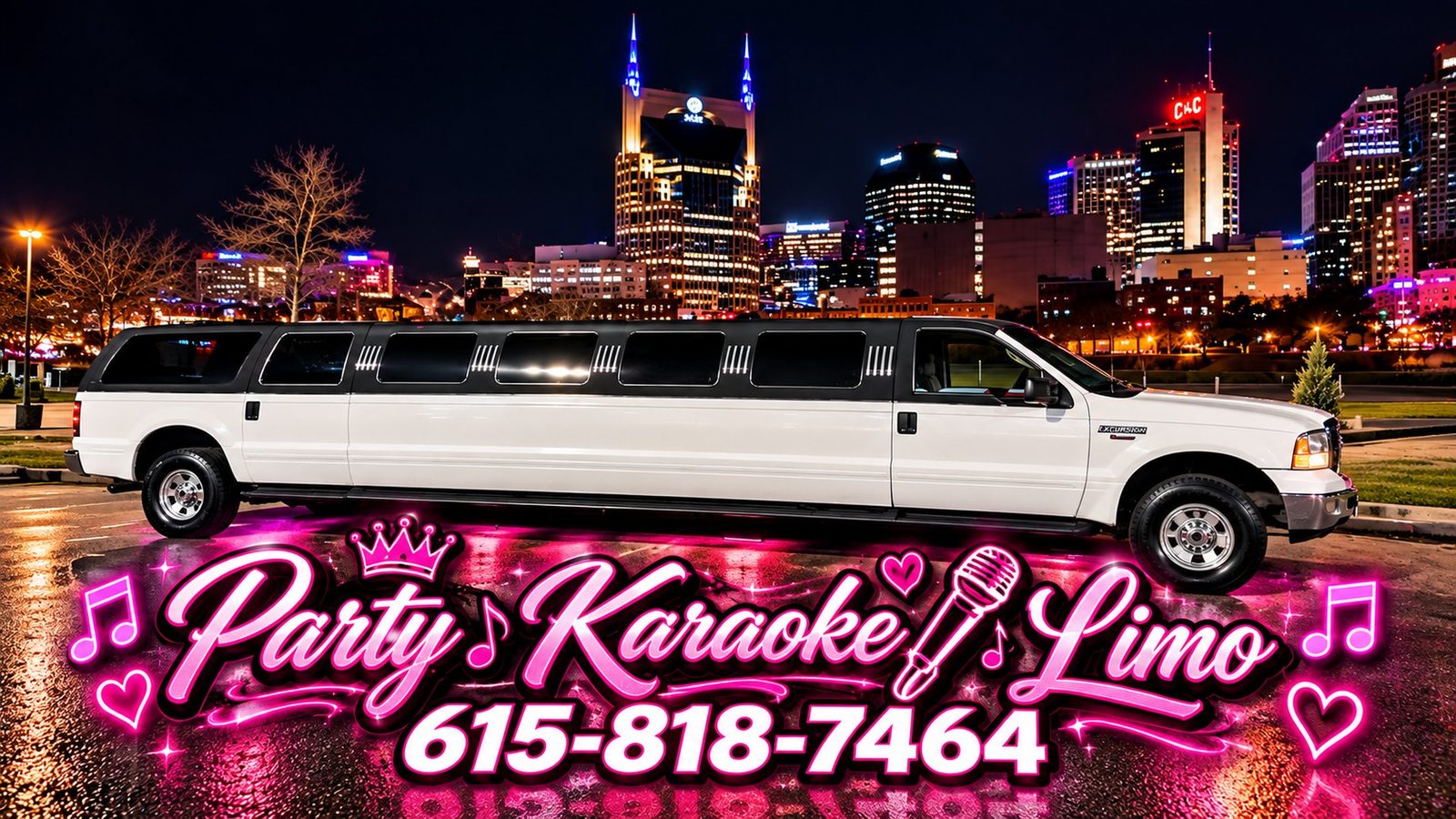 White stretch party karaoke limo in front of the downtown Nashville skyline at night